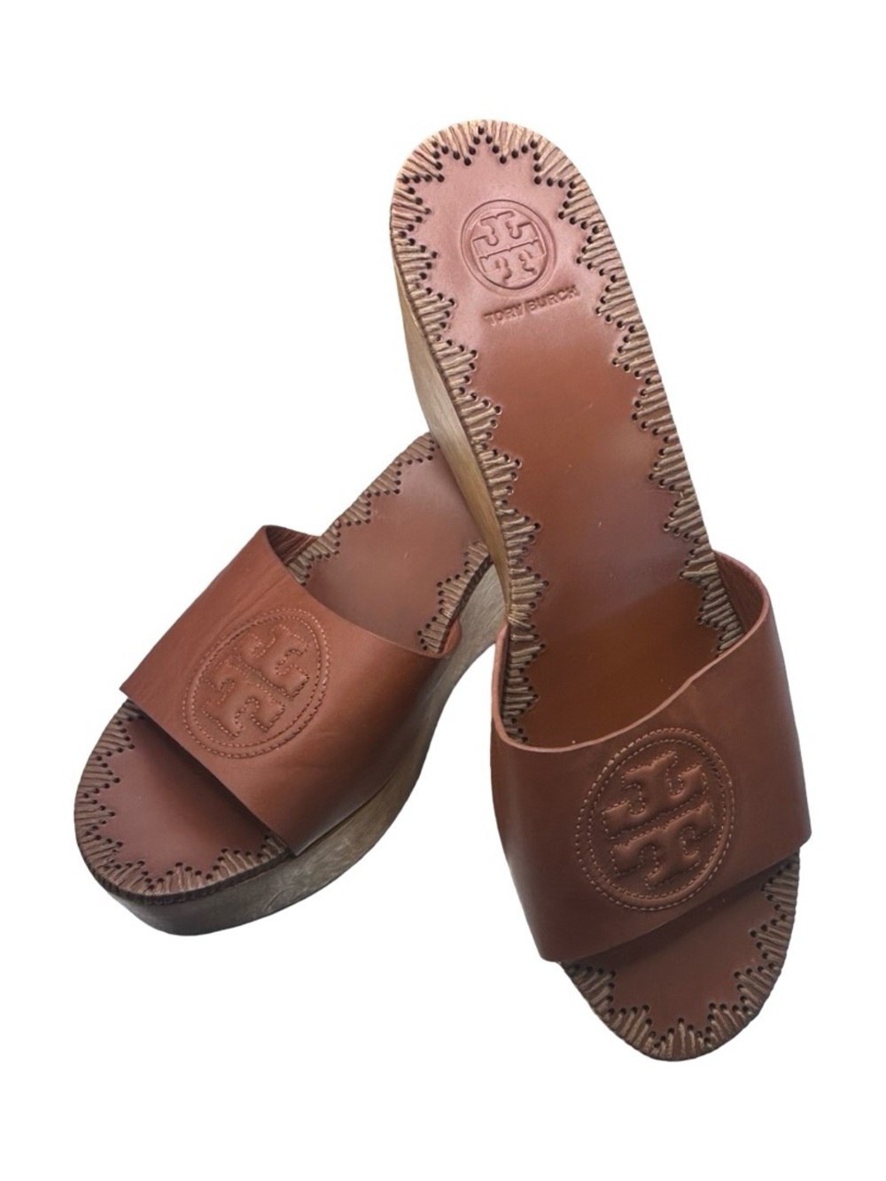 Tory Burch Patty Leather Platform Wedge Slides Brown Size 9.5 - Picture 5 of 12